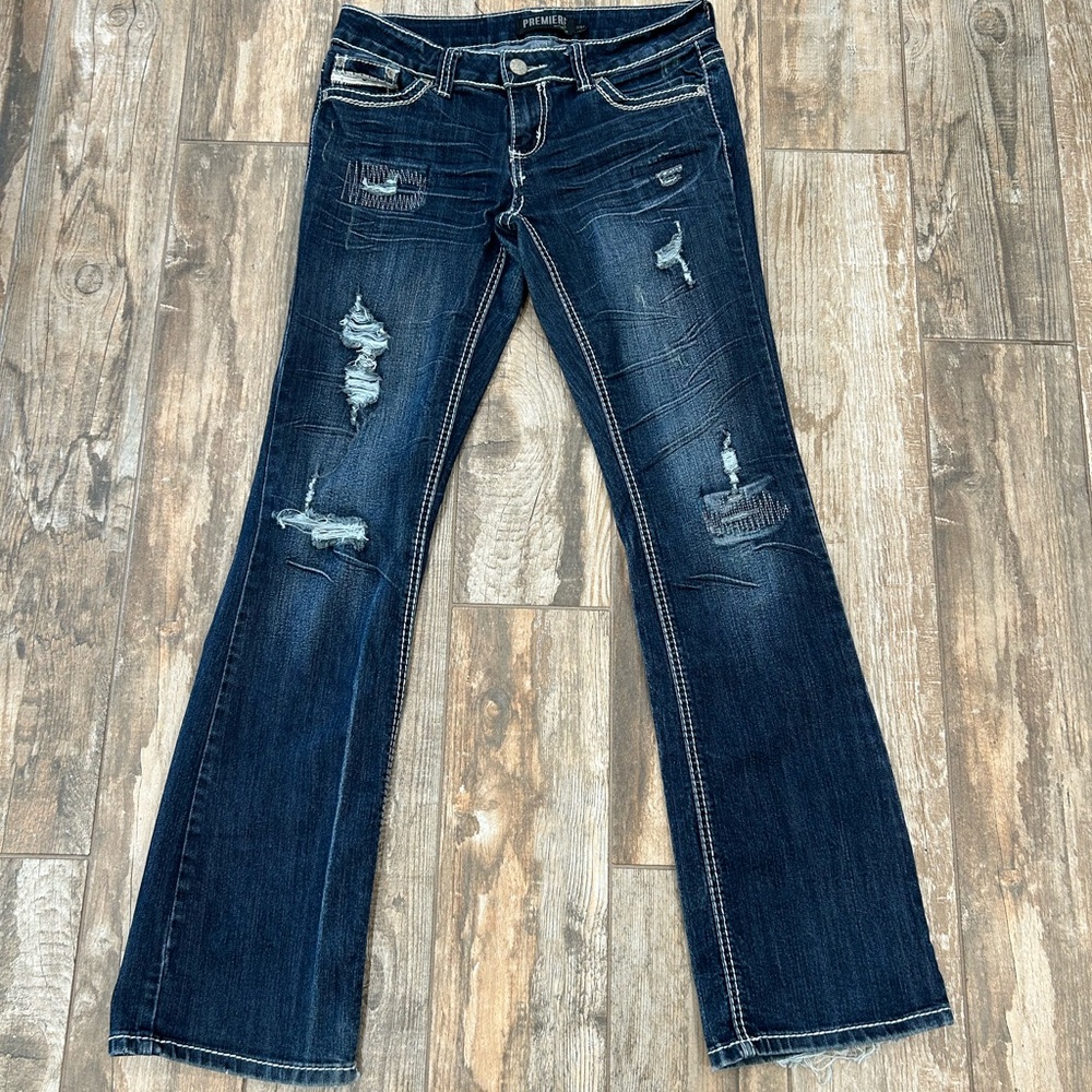 Premier Sz 7/8 R Dark Blue Distressed Freyed Cuff Denim Jean Wiskers Embroidered